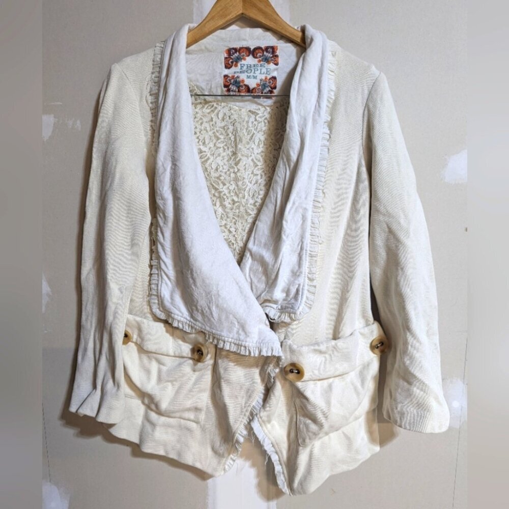 Free People Womens Ivory Cotton V-Neck Military Style Button Jacket Sz M Office